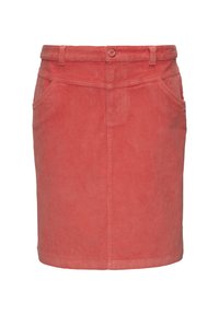 Jupe en velours côtelé corail, coupe ajustée, dotée d'une fermeture à boutons, de passants de ceinture et de poches avant. Texture unie sans motifs.