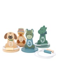 Four wooden animal figures: a beige dog, orange duck, green horse, and teal dinosaur, each with numbers and circular bases, connected by white ropes.