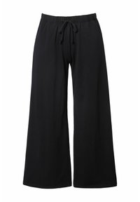 Pantalon noir large en tissu doux, avec une taille élastique et un cordon de serrage pour un ajustement réglable. Sans motifs ni accents visibles.