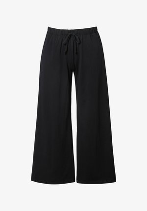 Schwarze weit geschnittene Hose aus weichem Stoff, mit einem elastischen Bund und einem Kordelzug für eine verstellbare Passform. Keine sichtbaren Muster oder Akzente.