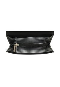 Black leather wallet interior features a striped gray lining, a zippered compartment, and open slots for cards and cash.