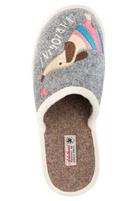 Gray felt slipper with a plush white lining. Features an embroidered dog design and pink accents. Includes a textured brown insole.