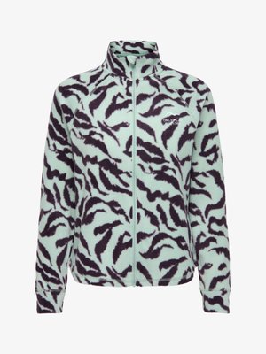 Light blue fleece jacket with black abstract animal print, full front zipper, high collar, and "Only Play Explore" logo on left chest.