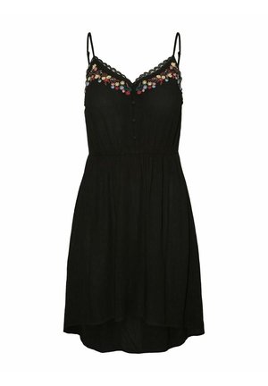 Zwarte mouwloze jurk met een getand decolleté, bloemenborduursel in meerdere kleuren, knopen aan de voorkant en een vloeiende rok met een hoge-lage zoom.