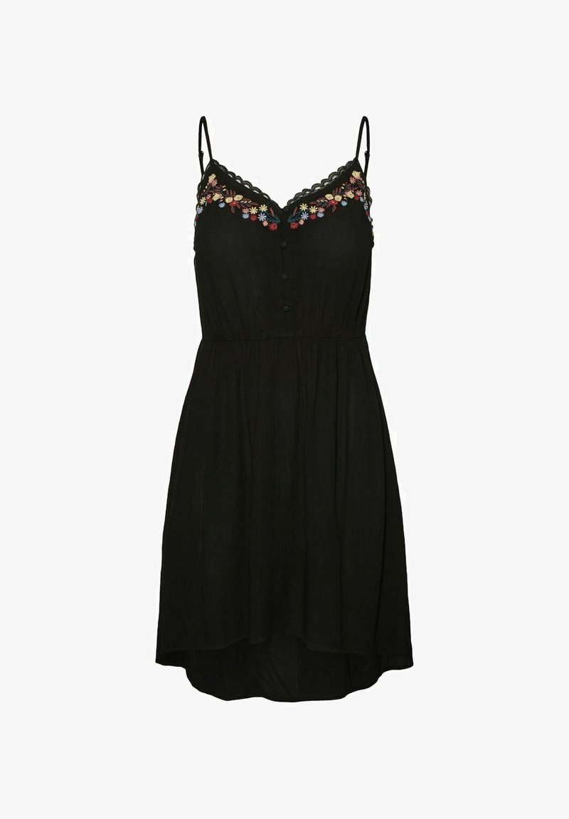Robe noire sans manches avec encolure festonnée, broderies florales multicolores, boutons sur le devant et jupe fluide avec ourlet asymétrique.