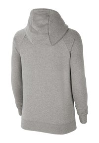 Vista trasera de un sudadera con capucha lisa de color gris claro, con mangas largas y puños acanalados.