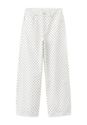 Pantalon blanc taille haute à jambes larges avec petits pois noirs, bouton à l'avant et poches.