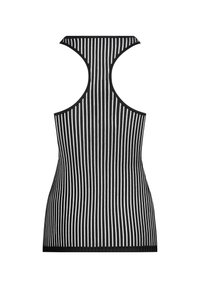 Black and white striped tank top with a racerback design, featuring narrow vertical stripes, a smooth texture, and a fitted silhouette.