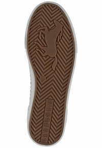 Semelle en caoutchouc marron avec un motif en chevrons, comportant une silhouette de cheval et la marque "MUSTANG" en relief.