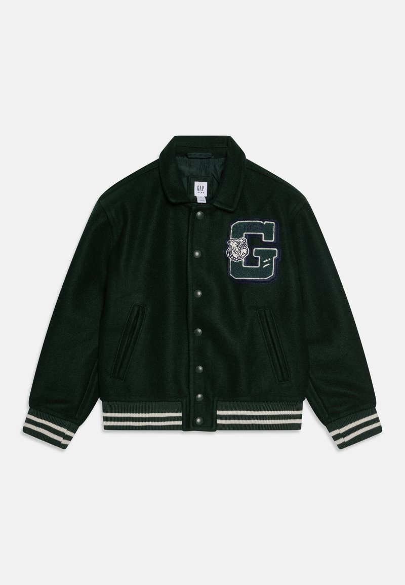 Dark green wool-blend jacket with a button-up front, side pockets, striped cuffs, and an embroidered logo featuring a tiger and the letter "G."
