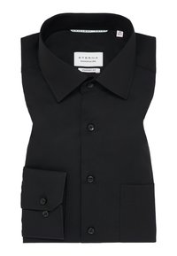 Zwarte, langmouwige blouse van Eterna, met een klassieke kraag, knoopsluiting aan de voorkant en een manchetknoop. Zacht weefsel met een comfortabele pasvorm.