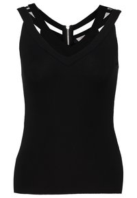 Haut sans manches noir avec un décolleté en V et des détails en mesh aux épaules. Présente une fermeture éclair dissimulée au dos. Texture de tissu lisse.