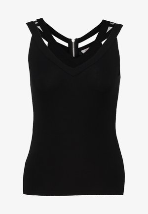 Zwarte mouwloze top met een V-hals en gaasdetails op de schouders. Beschikt over een verborgen rits aan de achterkant. Soepele stoftextuur.