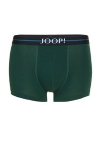 Zelené bavlněné boxerky s černým pasem, na kterém je bílý nápis "JOOP!" a modré akcentní pruhy. Hladká textura, přiléhavý střih.