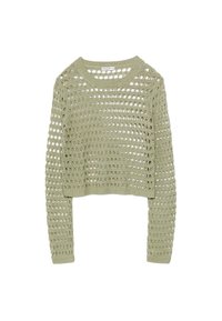 Maglione all'uncinetto, verde chiaro, design corto, maniche lunghe, presenta maglie aperte, scollatura rotonda e polsini a costine.