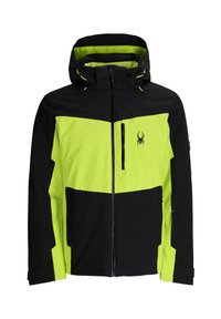 Hochsichtbare Jacke in Schwarz und Neongelb mit Kapuze, Reißverschlusstaschen und einem Logo. Verfügt über ein Blockfarben-Design und verstellbare Bündchen.