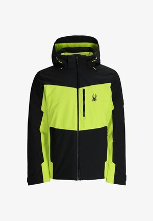 Hochsichtbare Jacke in Schwarz und Neongelb mit Kapuze, Reißverschlusstaschen und einem Logo. Verfügt über ein Blockfarben-Design und verstellbare Bündchen.