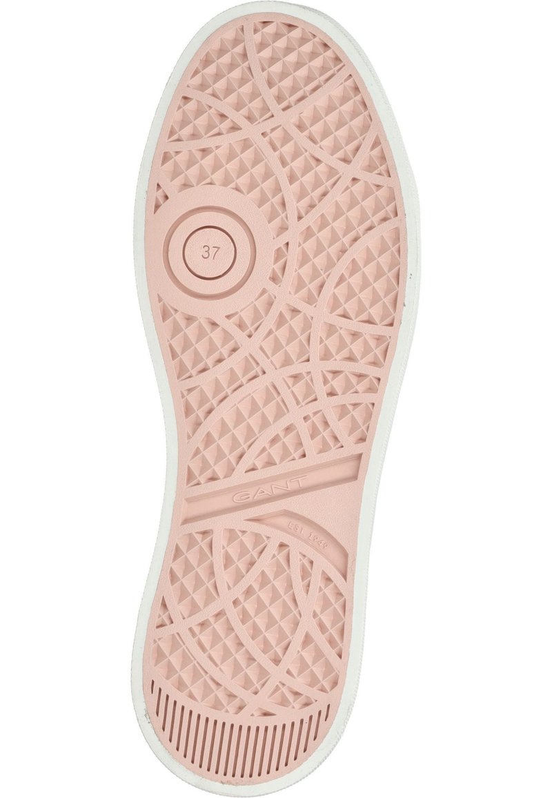 Semelle de sneaker en caoutchouc de couleur rose clair, avec des motifs géométriques texturés, bordée d'un liseré blanc, taille marquée comme 37.