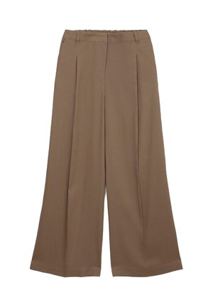 Braune weit geschnittene Hose aus glattem Stoff, mit vorderen Falten, einem elastischen Bund und einem geraden Schnitt bis zum Saum.