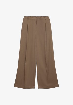 Braune weit geschnittene Hose aus glattem Stoff, mit vorderen Falten, einem elastischen Bund und einem geraden Schnitt bis zum Saum.