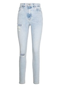Vaqueros skinny de tiro alto en azul claro, hechos de mezclilla, con zonas deshilachadas en las rodillas, textura suave y un ajuste ceñido.