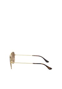 Occhiali da sole con montatura in metallo dorato, forma rettangolare, lenti a gradiente marrone e punte delle tempie con motivo tartarugato.