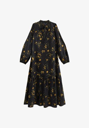 Robe midi noire à manches longues avec imprimé floral jaune, col montant avec détail noué et ourlet à volants superposés.