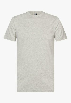 T-shirt grigio chiaro a maniche corte con scollo rotondo, realizzata in tessuto morbido, mostrata su uno sfondo neutro.