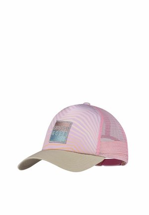Pink and beige mesh baseball cap with "EXPLORE MORE" patch on the front and curved beige brim.
