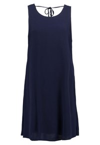 Laivansinisettömän hihattoman mekon pyöreä pääntie, sivuhalkiot ja solmudeetti takana. Valmistettu sileästä, kevyestä kankaasta.