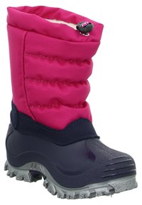 Roze geïsoleerde laars met een gequilt bovenwerk van stof en een zwarte rubberen onderkant, met een gestructureerde zool en een verstelbare toggle-sluiting.