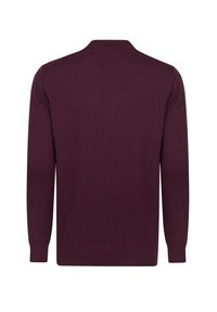 Bordeaux cardigan med en glat tekstur, lange ærmer og en klassisk krave. Har en lige pasform og ribbede manchetter og kant.