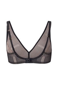 Black and beige bralette with a soft mesh design, featuring a deep V-neckline, adjustable straps, and a hook closure at the back.