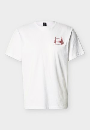 White short-sleeve T-shirt with small red graphic of two trees and "The North Face" text on the left chest.