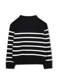 Juodai baltas dryžuotas megztinis, megzta medžiaga, ilgomis rankovėmis, apvalia iškirpte, horizontalios juostos įvairaus storio, lygi tekstūra.
