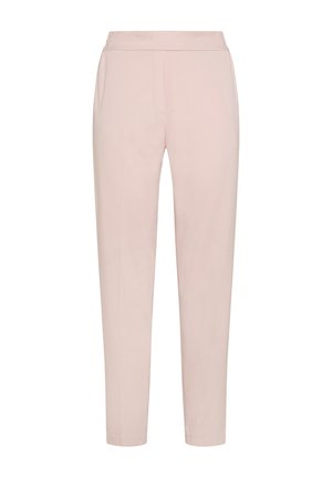 Pantaloni tapered roz deschis, cu o textură netedă, talie elastică și două buzunare laterale. Design simplu, fără modele sau accesorii vizibile.