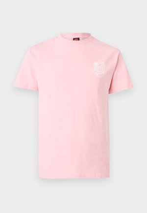 Φωτεινό ροζ κοντομάνικο Τ-shirt με μικρό λευκό λογότυπο "Santa Cruz" και φοίνικες στην αριστερή περιοχή του στήθους.