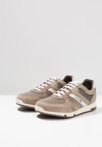 Męskie trampki z beżowym zamszowym i siateczkowym cholewką, białymi akcentami oraz brązową gumową podeszwą, sznurowane, o solidnej konstrukcji.