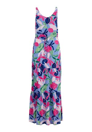 Abito maxi con motivo floreale in rosa, blu e verde, con scollo rotondo, cintura regolabile e gonna a balze.