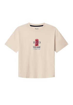 Beige T-shirt met korte mouwen met een rood Brits telefooncel-ontwerp en de tekst "1973 Pepe Jeans Silence Is Broken" middenvoor.