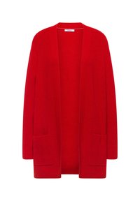 Roter langer Cardigan mit offenem Frontbereich, ausgestattet mit Rippstrickstruktur, zwei Vordertaschen und einem lässigen Schnitt. Hergestellt aus weichem Strickmaterial.