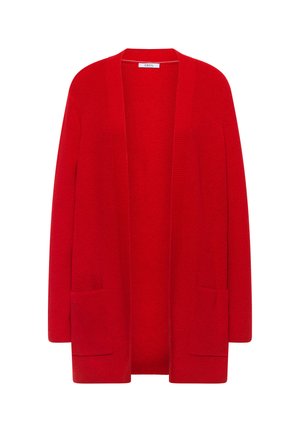 Rød lang cardigan med åben front, der har ribbet tekstur, to forside lommer og en afslappet pasform. lavet af blødt strikkemateriale.