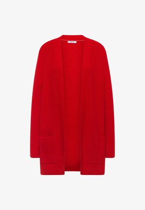 Cárdigan largo rojo con apertura frontal, que presenta una textura acanalada, dos bolsillos frontales y un corte holgado. Fabricado en material de punto suave.