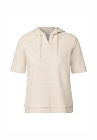 Kortärmad huvtröja i off-white, tillverkad av textil med struktur, med en v-ringning, dragsko och en avslappnad passform.