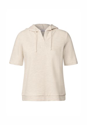 Short-sleeve hooded top in off-white, made of textured fabric, featuring a v-neckline, drawstrings, and a relaxed fit design.