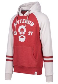 Rode en witte hoodie met een trekkoordkap. Heeft een voorkantzak, bedrukte graphics en gestreepte accenten op de mouwen. Zacht stofmateriaal.
