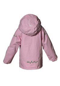 Rosa vattentät jacka med huva, med grå triangulära mönster på ärmar och rygg. Slät textur, lättviktsmaterial.