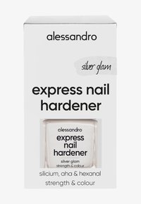 Durcisseur express pour ongles dans un flacon carré en verre avec un éclat argenté. La boîte présente un fond blanc avec un texte et des accents noirs.