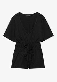 Black top with short sleeves, V-neckline, and adjustable drawstring waist. Made from soft material with a casual design.