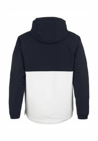 Hettegenserjakke med delt design; svart øvre del og hvit nedre del. Har elastiske ermer, glatt tekstur, og en avslappet passform.